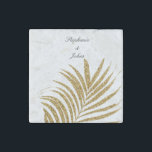 Palm Leaf Gold Glitter Custom Name Trendy Wedding  Stone Magnet<br><div class="desc">Designed with beautiful and artistic golden palm leaf pattern in solid white colour background with personalised text templates which you can edit and customise to add your own details. Great for special occasions like weddings!</div>