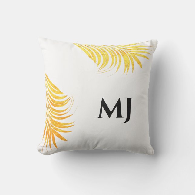 Palm Leaf Gold White Tropical Mnogram Initials Cushion (Front)