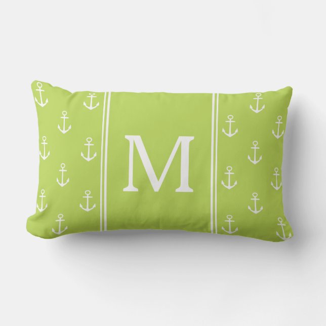 Palm Leaf Green and White Anchors Monogram Lumbar Cushion (Front)