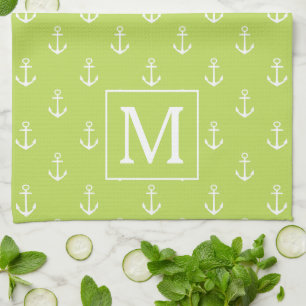 Palm Leaf Green and White Anchors Monogram Tea Towel