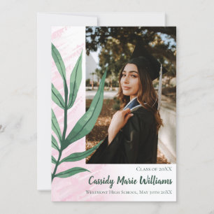 Palm Leaf Green Pink Plant Graduation Announcement