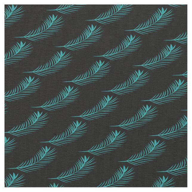 Palm Leaf Greenery Jungle Pattern Black Fabric (Close Up)