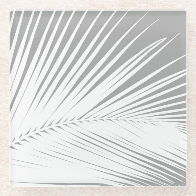 Palm leaf - grey and white glass coaster (Front)