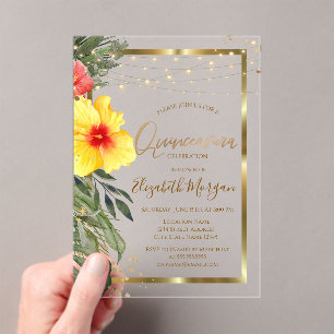 Palm Leaf Hibiscus,Lights,Wood,Frame Quinceanera Acrylic Invitations