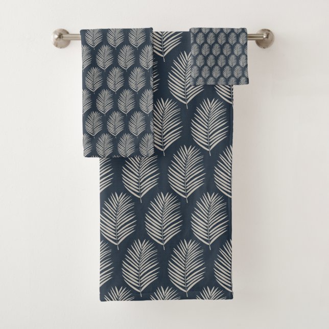 Palm Leaf Navy Blue And Cream Bath Towel Set (Insitu)