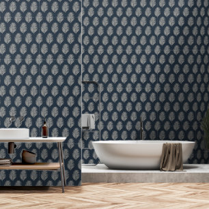 Palm Leaf Navy Blue And Cream Wallpaper