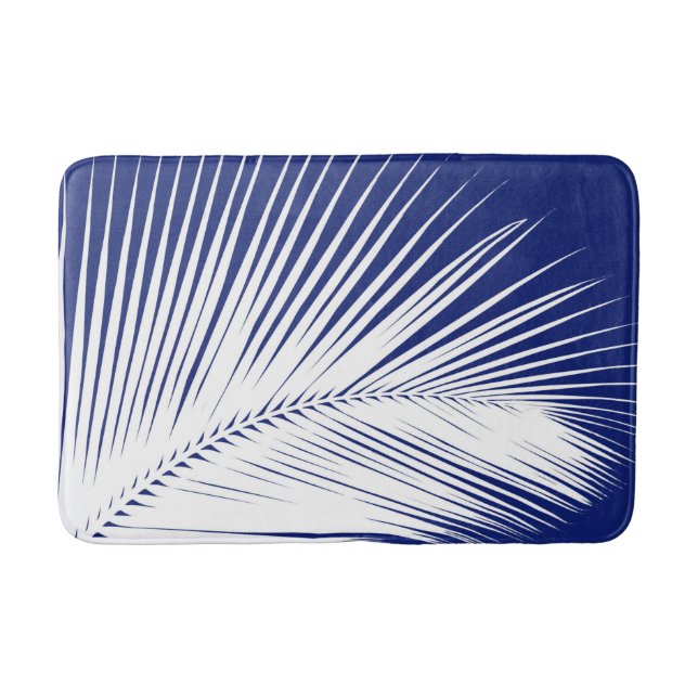 Palm leaf - navy blue and white bath mat (Front)