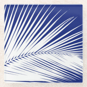 Palm leaf - navy blue and white glass coaster