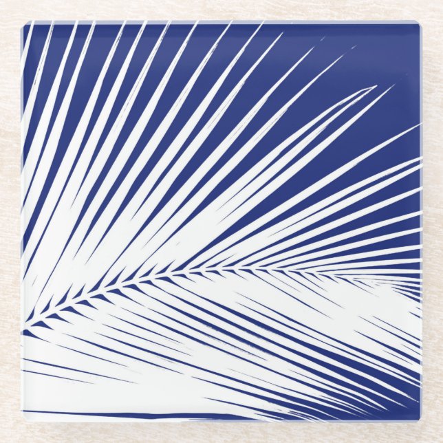 Palm leaf - navy blue and white glass coaster (Front)