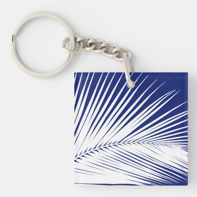 Palm leaf - navy blue and white key ring (Front)