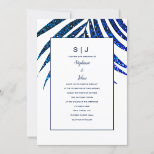Palm Leaf Navy Blue Glitter Tropical Wedding Invitation
