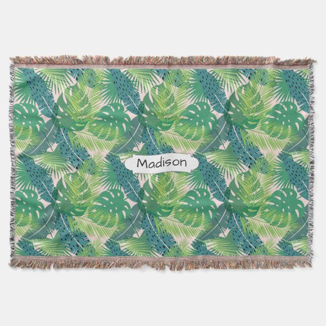 Palm Leaf Pattern custom name throw blanket (Front)