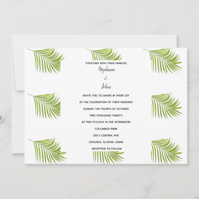 Palm Leaf Pattern Green White Simple Wedding Invitation (Front)