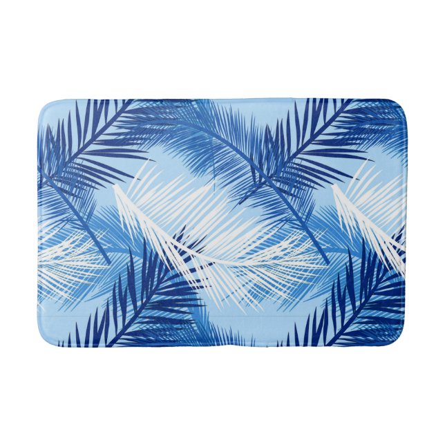 Palm Leaf Print, Cobalt, White and Sky Blue Bath Mat (Front)