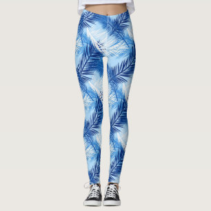 Palm Leaf Print, Cobalt, White and Sky Blue Leggings