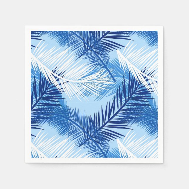 Palm Leaf Print, Cobalt, White and Sky Blue Napkin (Front)