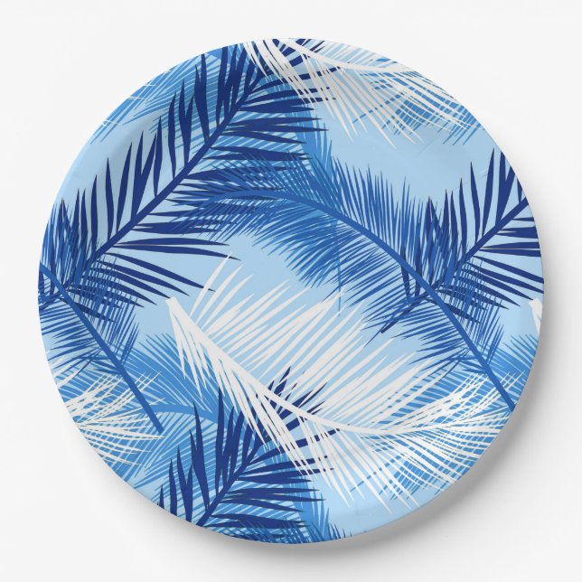 Palm Leaf Print, Cobalt, White and Sky Blue Paper Plate (Front)