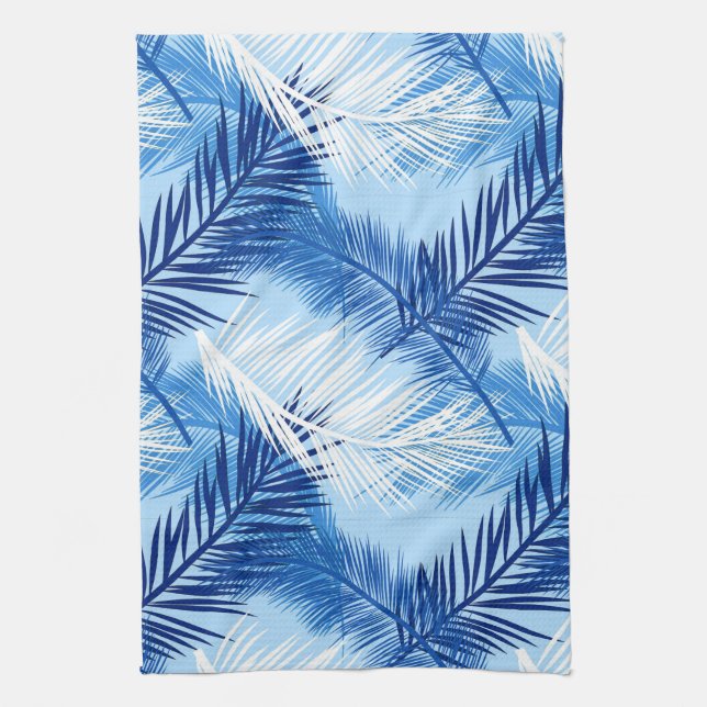 Palm Leaf Print, Cobalt, White and Sky Blue Tea Towel (Vertical)