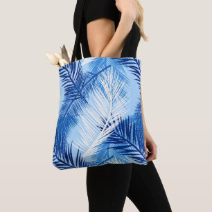 Palm Leaf Print, Cobalt, White and Sky Blue Tote Bag