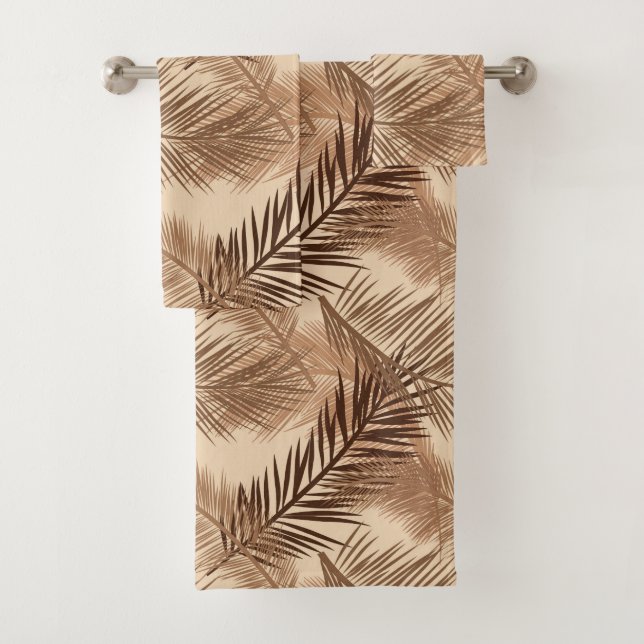 Palm Leaf Print, Dark Brown, Tan and Beige Bath Towel Set (Insitu)
