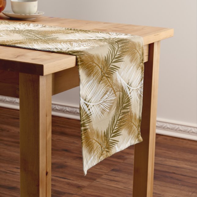 Palm Leaf Print, Dark Brown, Tan and Beige  Short Table Runner (In Situ)