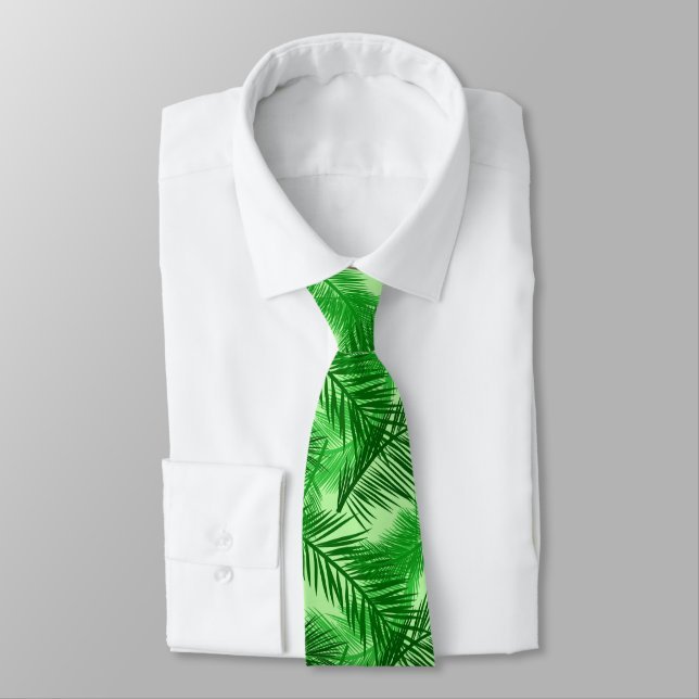Palm Leaf Print, Emerald and Light Lime Green Tie (Tied)