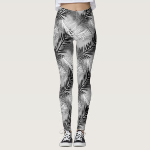 Palm Leaf Print, Grey / Grey, Black and White Leggings