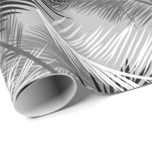 Palm Leaf Print, Grey / Grey, Black and White Wrapping Paper