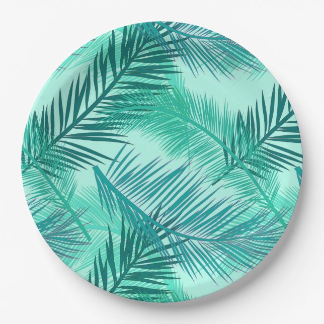 Palm Leaf Print, Turquoise, Teal and Aqua  Paper Plate (Front)