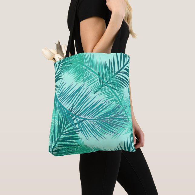 Palm Leaf Print, Turquoise, Teal and Aqua Tote Bag (Close Up)