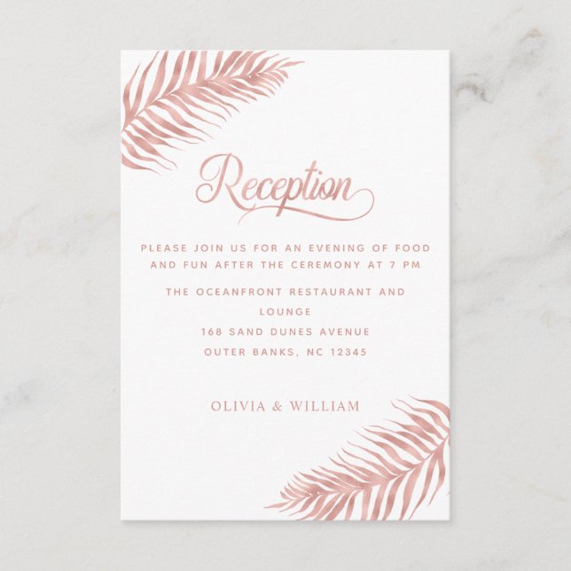 Palm Leaf Rose Gold White Wedding Reception Enclosure Card (Front)