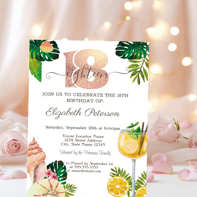 Palm Leaf Seashells Cocktail Summer 18th Birthday  Invitation (Creator Uploaded)