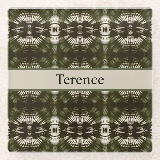Palm Leaf Shadow Army Green, customisable Glass Coaster (Front)