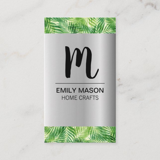 Palm Leaf Silver Metallic Wood Grain Trim Business Card (Front)