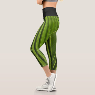 Palm Leaf Tropical Bright Green Vertical Striped Capri Leggings