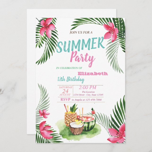 Palm Leaf,Tropical Fruits, Flowers  Birthday Party Invitation (Front/Back)