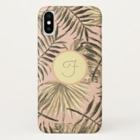 Palm leaf tropical pink peach gold monogram 