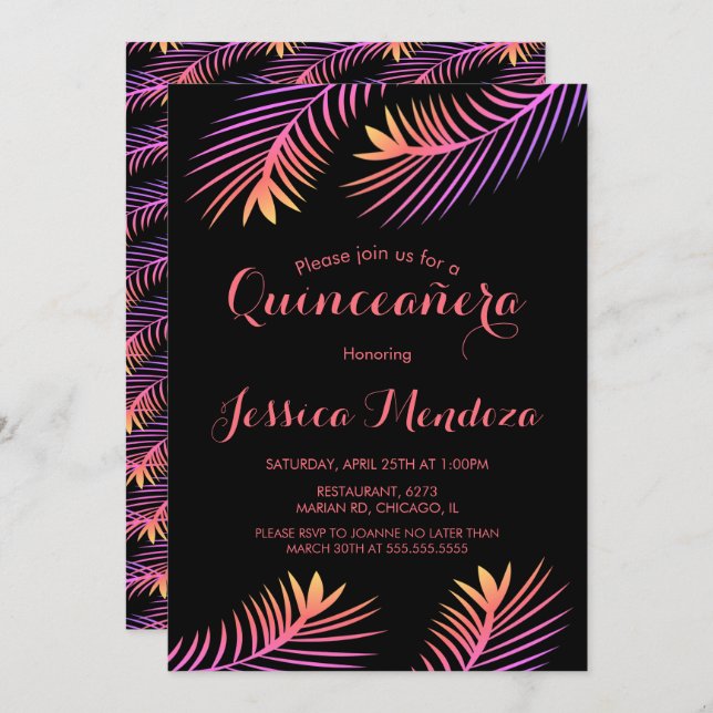 Palm Leaf Tropical Quinceañera Sweet 16 Invitation (Front/Back)
