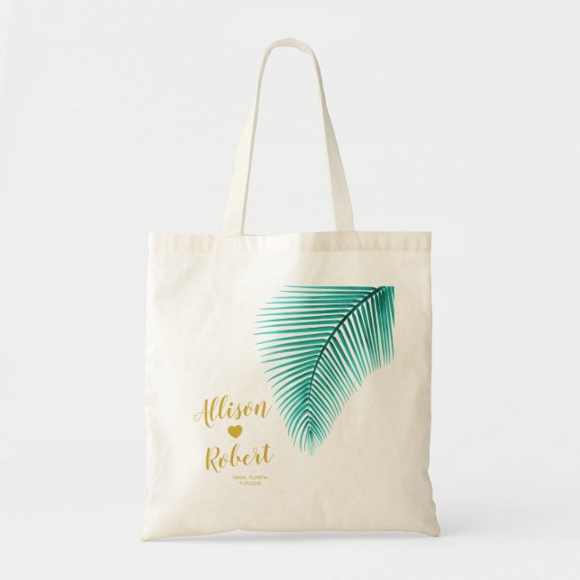 Palm Leaf Tropical Wedding Welcome Bag, Turquoise Tote Bag (Front)
