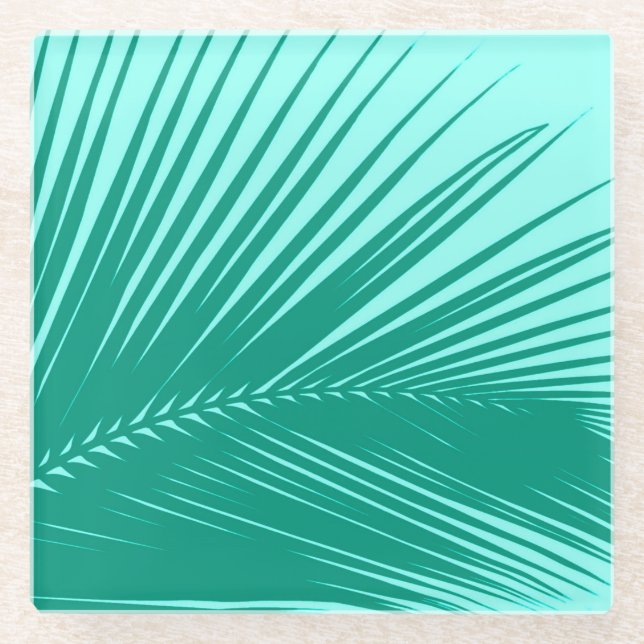 Palm leaf - Turquoise and aqua Glass Coaster (Front)