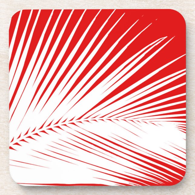 Palm leaf - white and dark coral red coaster (Front)