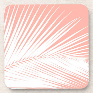 Palm leaf - white on coral pink coaster
