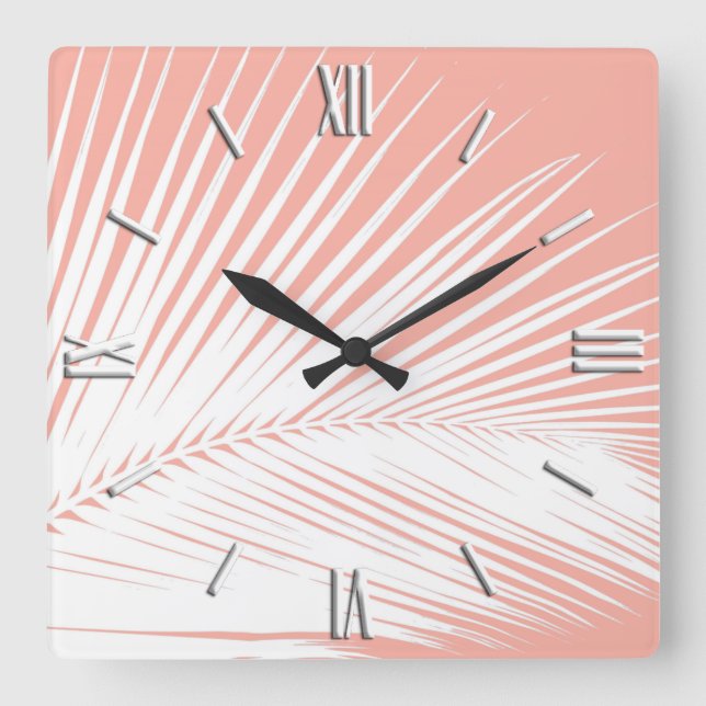 Palm leaf - white on coral pink square wall clock (Front)