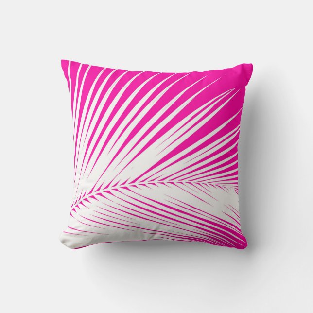 Palm leaf - white on fuchsia pink cushion (Front)