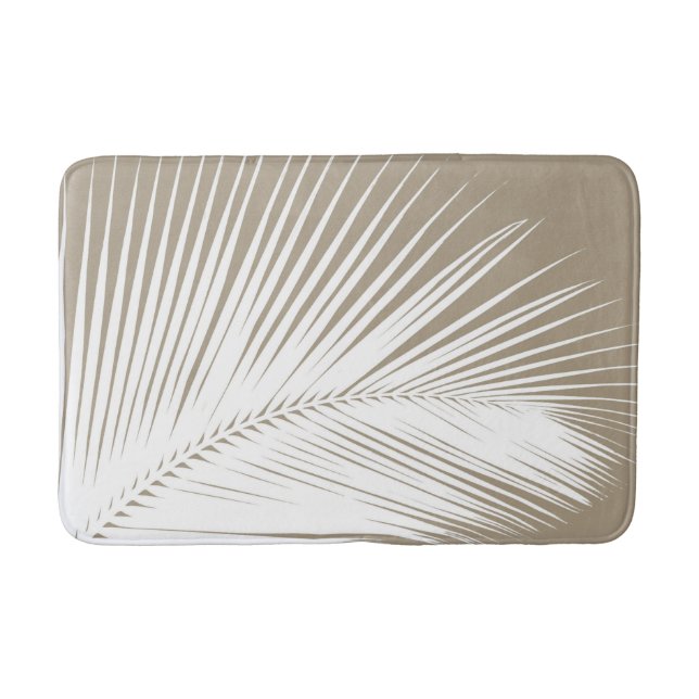 Palm leaf - white on taupe tan bath mat (Front)