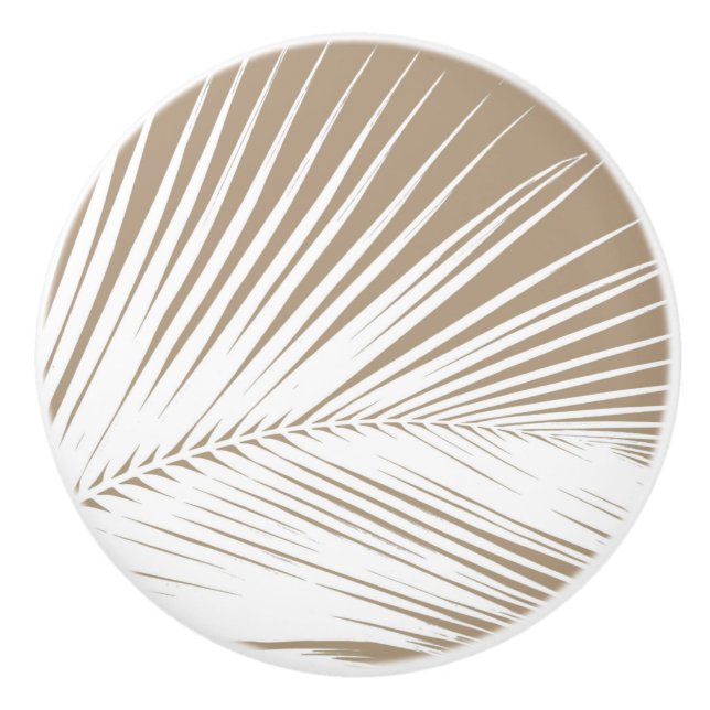 Palm leaf - white on taupe tan ceramic knob (Front)