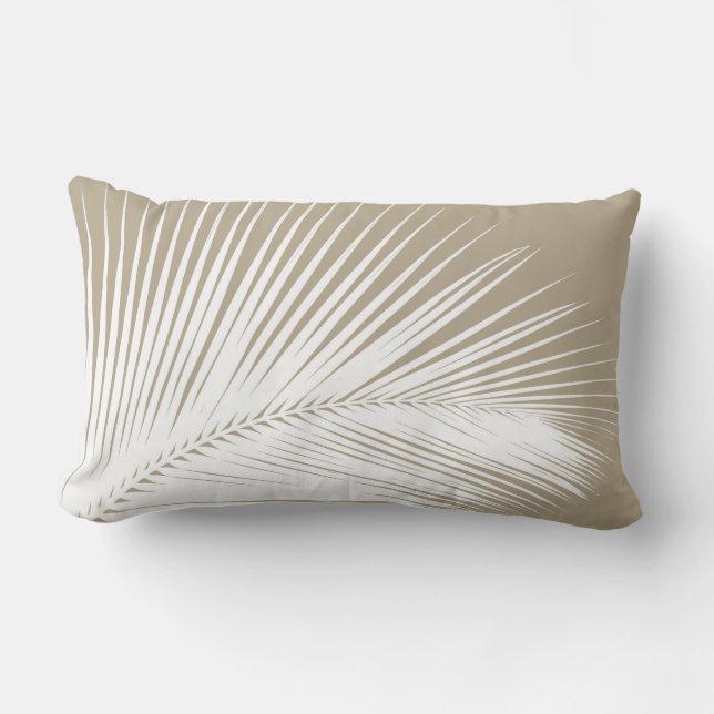 Palm leaf - white on taupe tan lumbar cushion (Front)