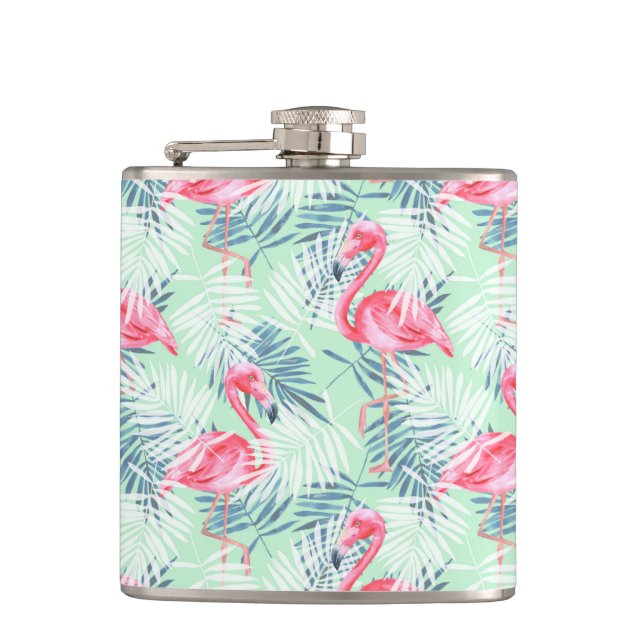 Palm leaves and flamingos hip flask (Front)