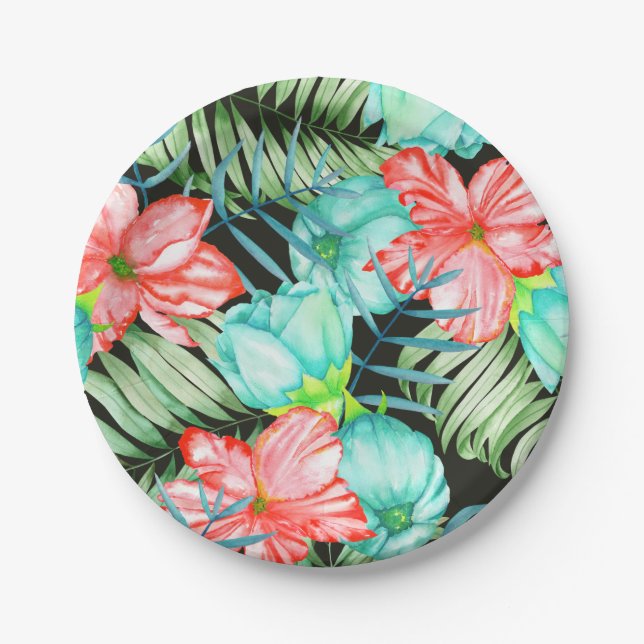 Palm Leaves And Flowers Paper Plate (Front)