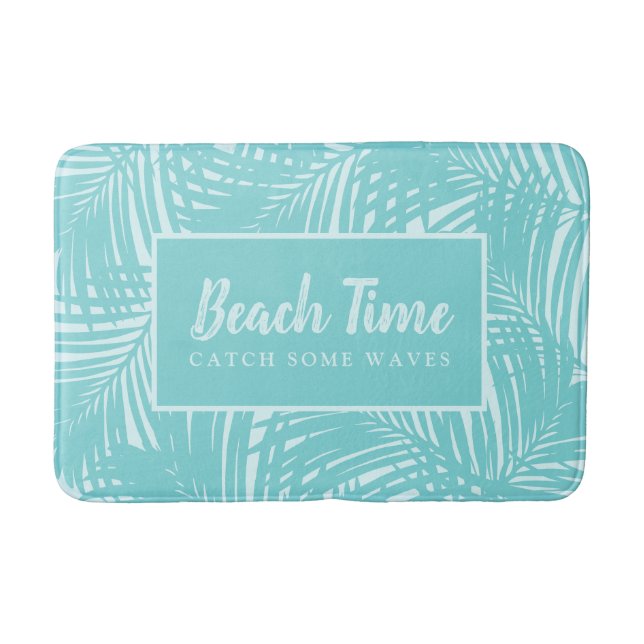 Palm Leaves Beach Time Mod Turquoise Blue Pattern Bath Mat (Front)
